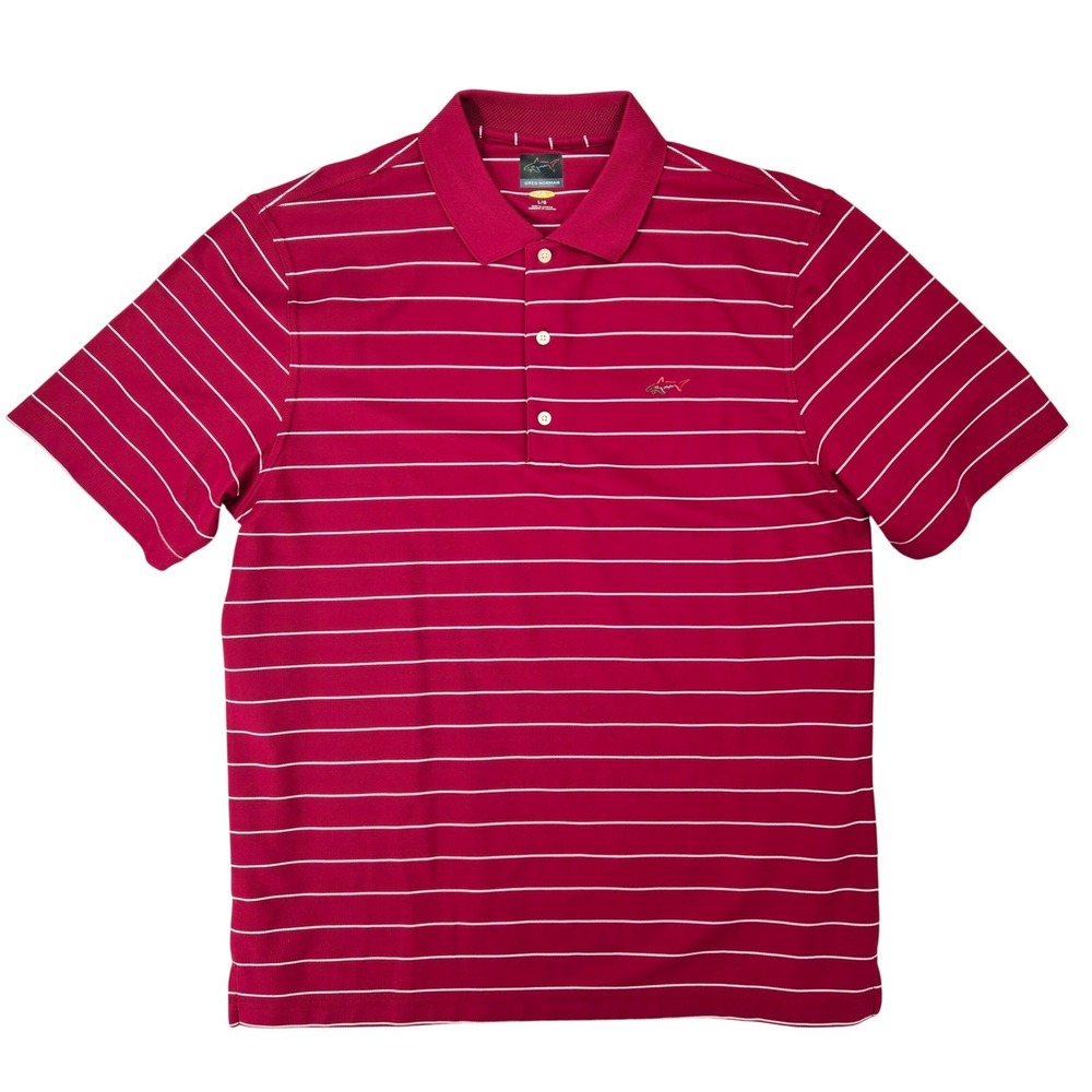 Greg Norman LARGE Polo Shirt Mens Red Striped Golf Performance Play Dry